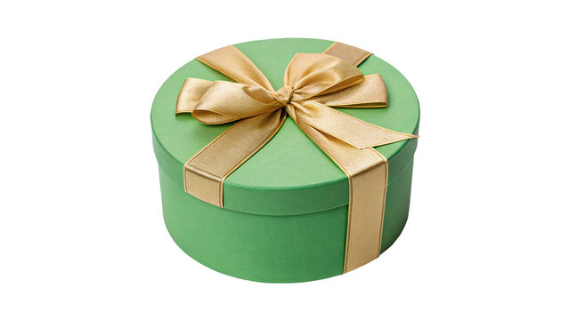 Elegant round green gift box wrapped with gold festive ribbon bow present