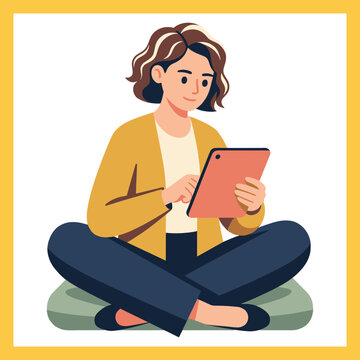 Woman Sitting Cross Legged Using Tablet Flat Vector Character