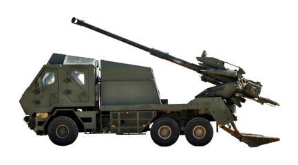 Obraz premium Israeli 155-mm self-propelled artillery mount on a base with an 6x6 wheel arrangement and a gun length of 52 calibers