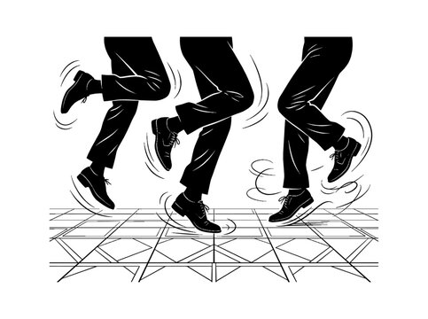 Group of people dancing in formal shoes and pants performing a rhythmic step dance on a tiled floor surface Vector