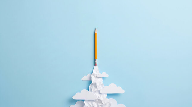 Yellow pencil launching upwards with paper clouds against a light blue background symbolizing creative project startup or educational growth.