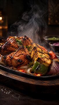 Sizzling tandoori chicken platter with rising steam, grilled indian tikka kebabs on cast iron sizzler plate, spicy roasted meat