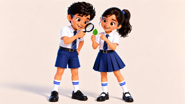Cute Schoolboy and Schoolgirl Examining a Leaf with Magnifying Glass, 3D Cartoon Biology Education Concept