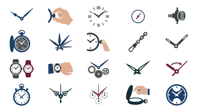 Watch repair and clockmaker icons set with pocket watch wristwatches timepieces gears and hands vector illustration