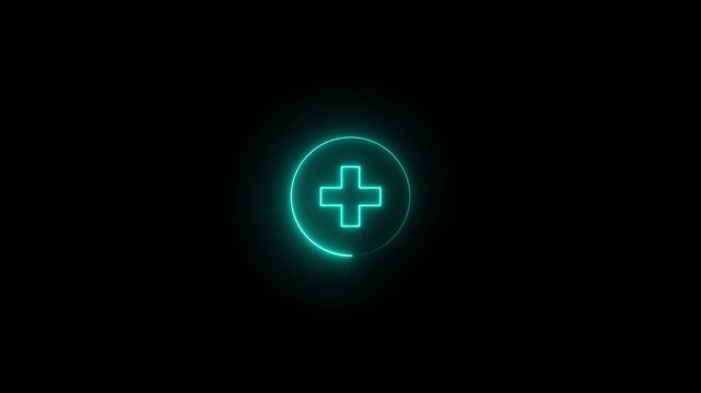 Neon glowing plus sign animation, medical cross symbol motion for healthcare ui and digital interface