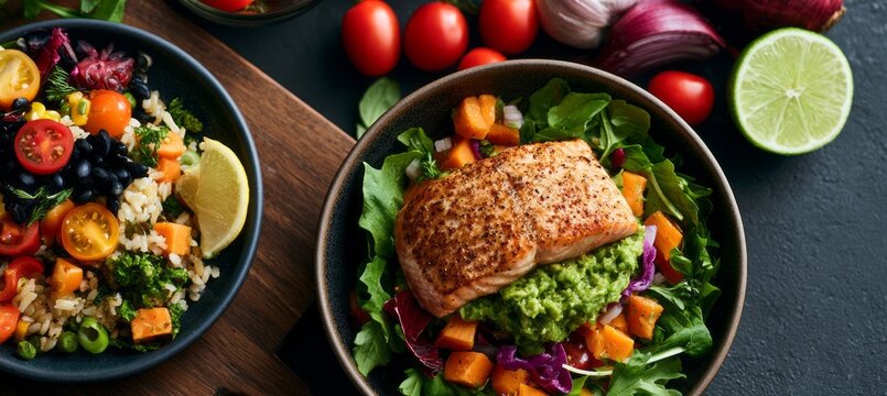 Fresh salmon sits atop vibrant green avocado salad