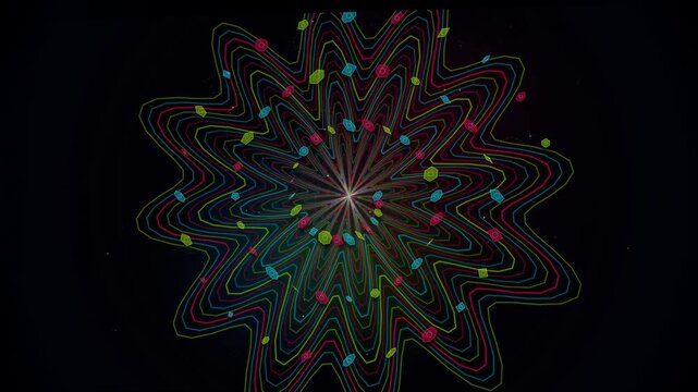 Vibrant multicolored concentric wavy lines forming a symmetrical digital mandala on dark black backdrop