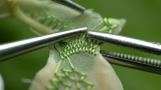 Close up macro shot of surgical instruments performing intricate suturing on delicate tissue with green thread