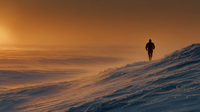 Lone figure running across vast snowscape at sunrise, symbolic of perseverance, determination, and a challenging journey in a remote arctic landscape.