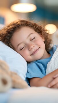 Young child sleeping peacefully in bed, restful childhood, cozy home comfort, healthy sleep, calm bedtime routine.