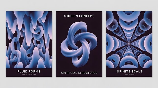 Modern Abstract 3D Poster Set with Fluid Shapes and Purple Gradients