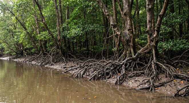 Dense mangrove forest with tangled stilt roots along a muddy tropical river.