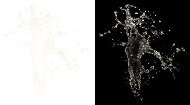 Dynamic water splash with alpha channel, realistic liquid burst on black background, clear fluid explosion for compositing