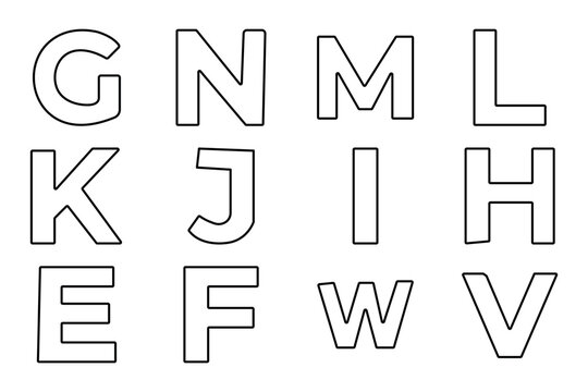 Alphabet letters outline icon set features uppercase letters G, N, M, L, K, J, I, H, E, F, W, V with editable stroke vector.