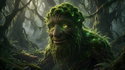 Obraz premium Friendly moss-covered tree giant monster in a misty enchanted forest with glowing green eyes