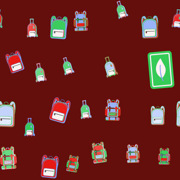 Seamless pattern of colorful backpacks and leaf icon