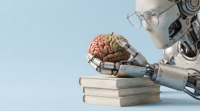 A mechanical robot wearing glasses looks thoughtfully at a human brain model resting on a stack of books.