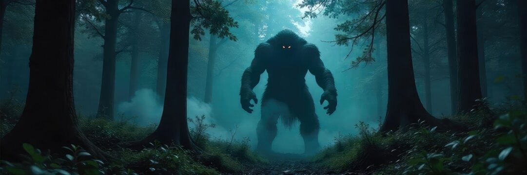 A shadowy, monstrous figure lurking in a dark forest, its terrifying form partially obscured by the trees, evokes a sense of primal fear and impending danger , dread, terrifying, paranormal