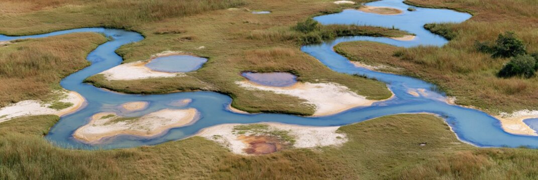 Aerial view of sinuous river winding through dry wetlands landscape
