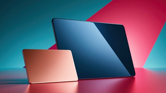 Modern tablet and payment card on colorful geometric background
