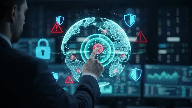 Cybersecurity expert monitors global network protection, identifying threats and breaches on a digital interface with warning alerts, firewalls, and worldwide data connections.