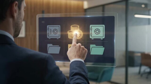 Businessman interacts with touchscreen interface displaying finance icons, coins, safe deposit vaults and digital folders, symbolizing banking security, wealth management and modern financial