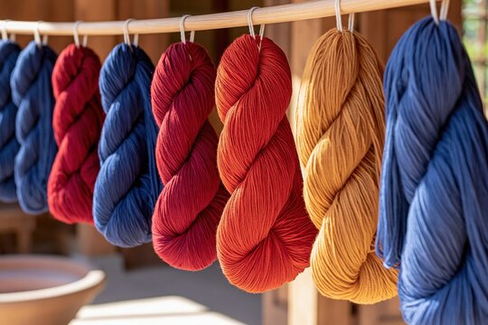 Colorful dyed wool skeins hanging on wooden rod in natural light