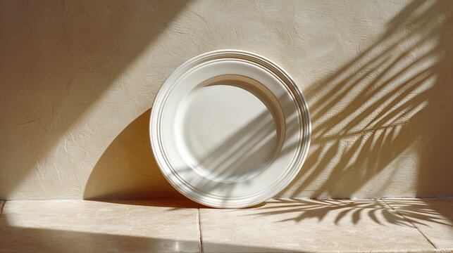 Beige plate leaning against textured wall with palm leaf shadows casting patterns