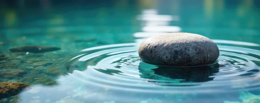 A smooth, grey river stone skipping across the surface of a clear, blue lake, creating a series of concentric ripples  The sun glints off the wet surface of the stone ,  grey stone,  gravity,  energy