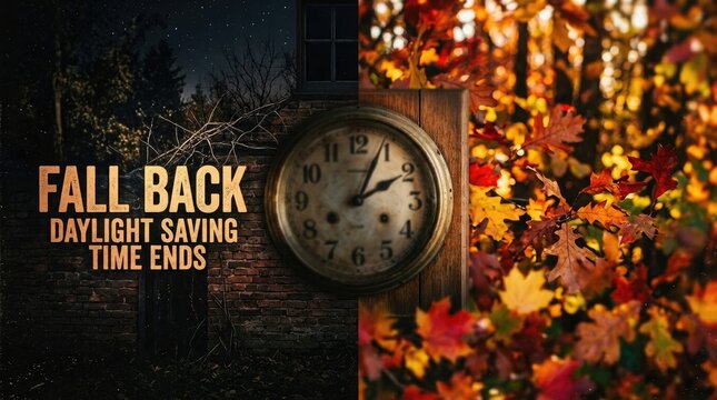 Daylight saving time ends fall back concept with clock and autumn leaves