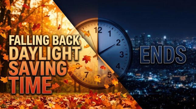 Falling back daylight saving time concept with clock and city lights