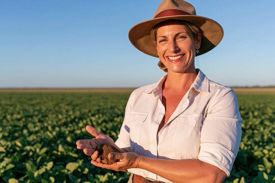 Woman holding soil in hands standing in green crop field under clear blue sky