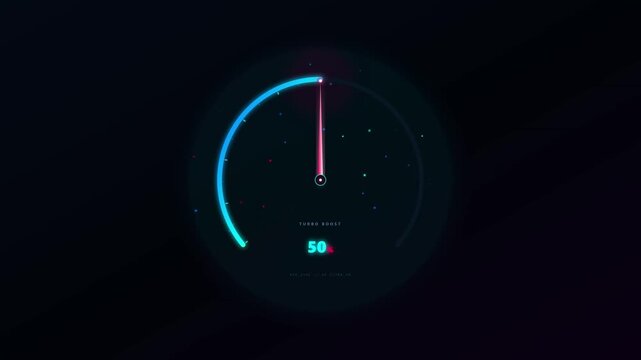 Futuristic digital speedometer showing turbo boost progress with glowing neon gauge and percentage increase on dark background for technology and automotive performance concepts.