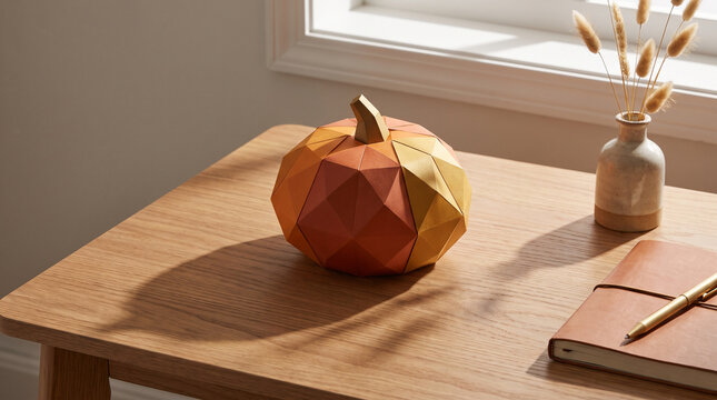 Low poly origami pumpkin on a wooden table by a window with dried grass in a vase, calm autumn interior background