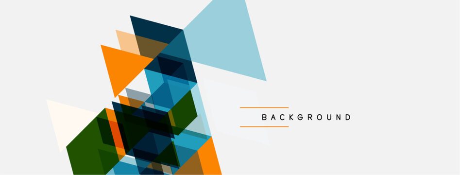 Abstract geometric shapes overlap, creating dynamic composition. Colors include blue, orange, green, gray. Minimalist design with white space.