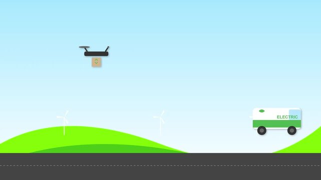 Flat animation of sustainable logistics featuring an autonomous delivery drone and electric van moving through a green landscape with wind turbines, representing zero emission transport concepts.