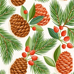 Fototapeta premium Pine branches, pinecones, and red berries on seamless pattern background