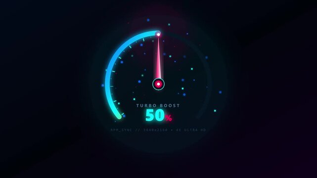 Futuristic digital speedometer displaying turbo boost progress with glowing neon gauge and percentage indicators for speed, performance, and power acceleration on dark background.