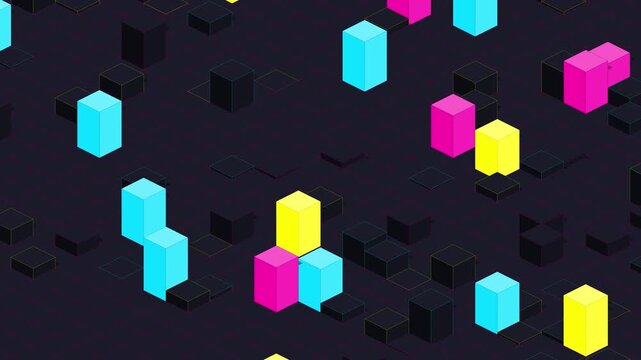 Vibrant colorful geometric cubes rising on dark isometric digital grid