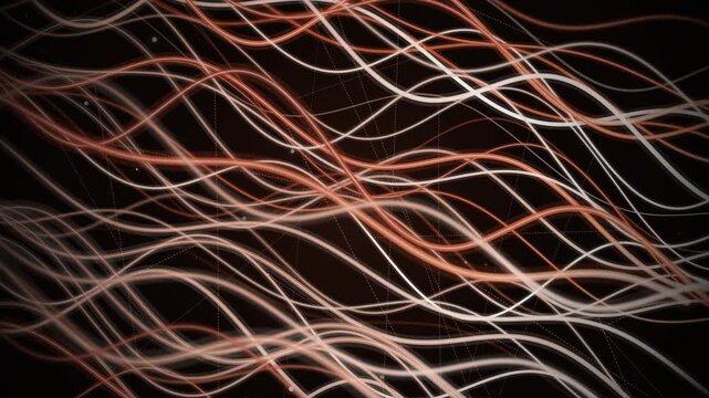 Dynamic flowing copper and white neon light waves creating an abstract digital pattern on dark background