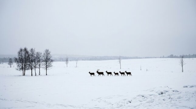 Wild horses running through a snowy field on a cold winter day