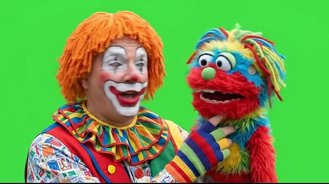 Funny clown laughing with colorful puppet on green screen background