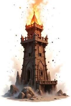 Burning stone and wooden fantasy tower with fiery top 3D render