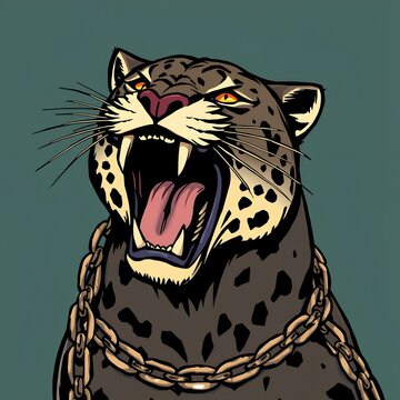 roaring leopard with chain