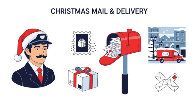 A postal worker stamp parcel full mailbox mail truck in a snowy town and letter icons on white