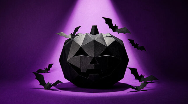 Black low poly origami pumpkin with paper bats under a purple spotlight, bold halloween poster background