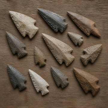 A collection of prehistoric stone arrowheads arranged on a neutral wooden surface; varied triangular shapes and sizes, signs of workmanship (flaking), uneven edges, and stone texture.