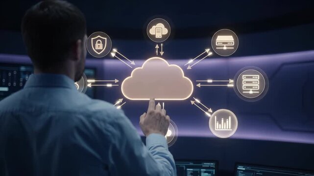 Cloud computing and network security concept with data storage, encryption, and analytics. Engineer interacts with digital interface displaying servers, backup systems, and information technology