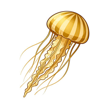 [Transparent Background PNG]Golden Striped Jellyfish Floating Gracefully Against White Background