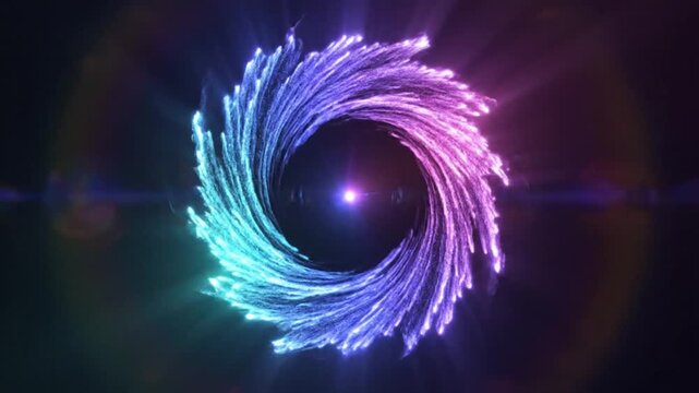Circular light formation with vibrant rays emanating from the center, creating a colorful gradient effect against a dark background in a visually dynamic setting See Less